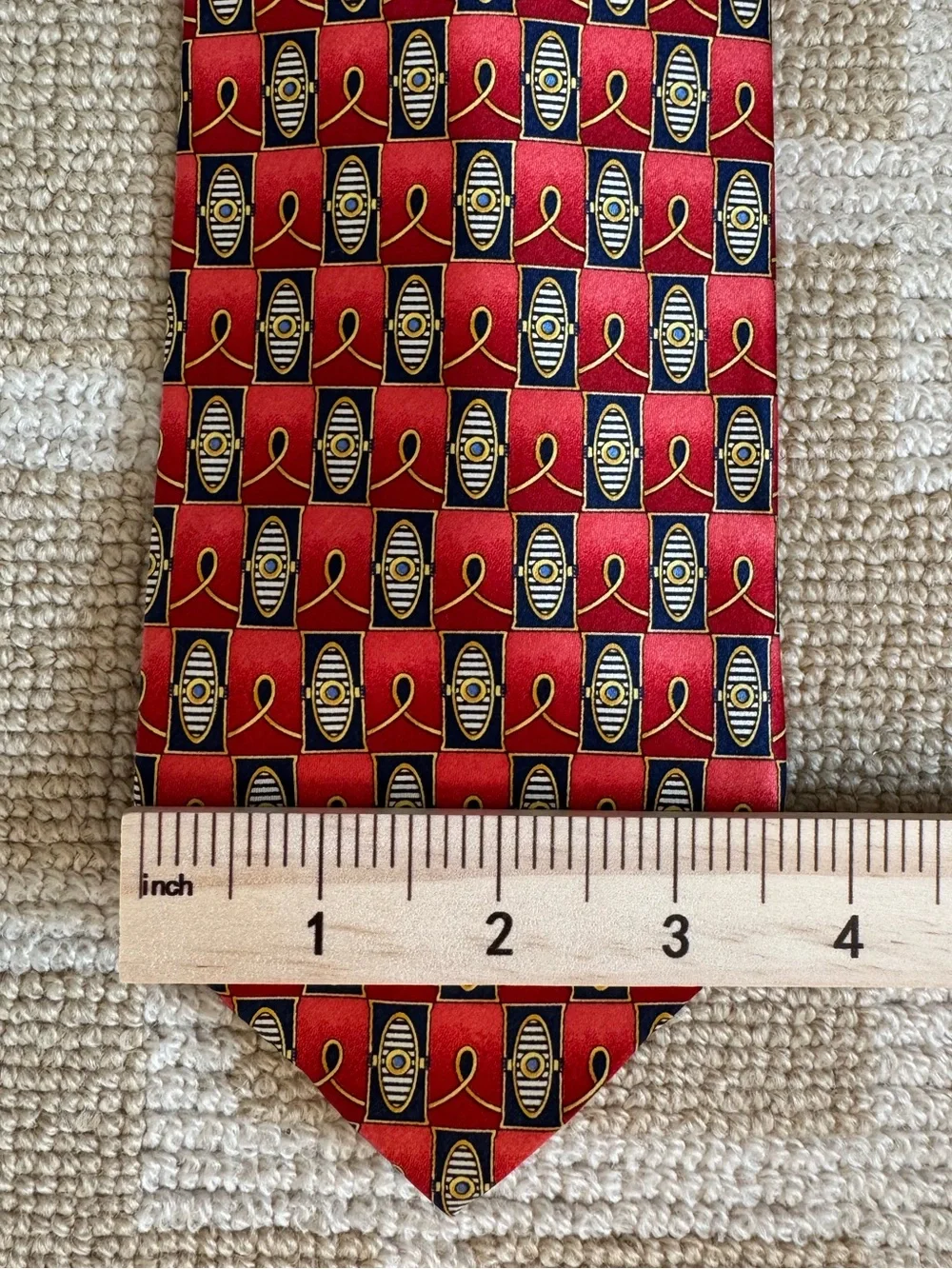 Como House Italy Vintage 100% Silk Tie Geometric Print Necktie Red Navy Gold